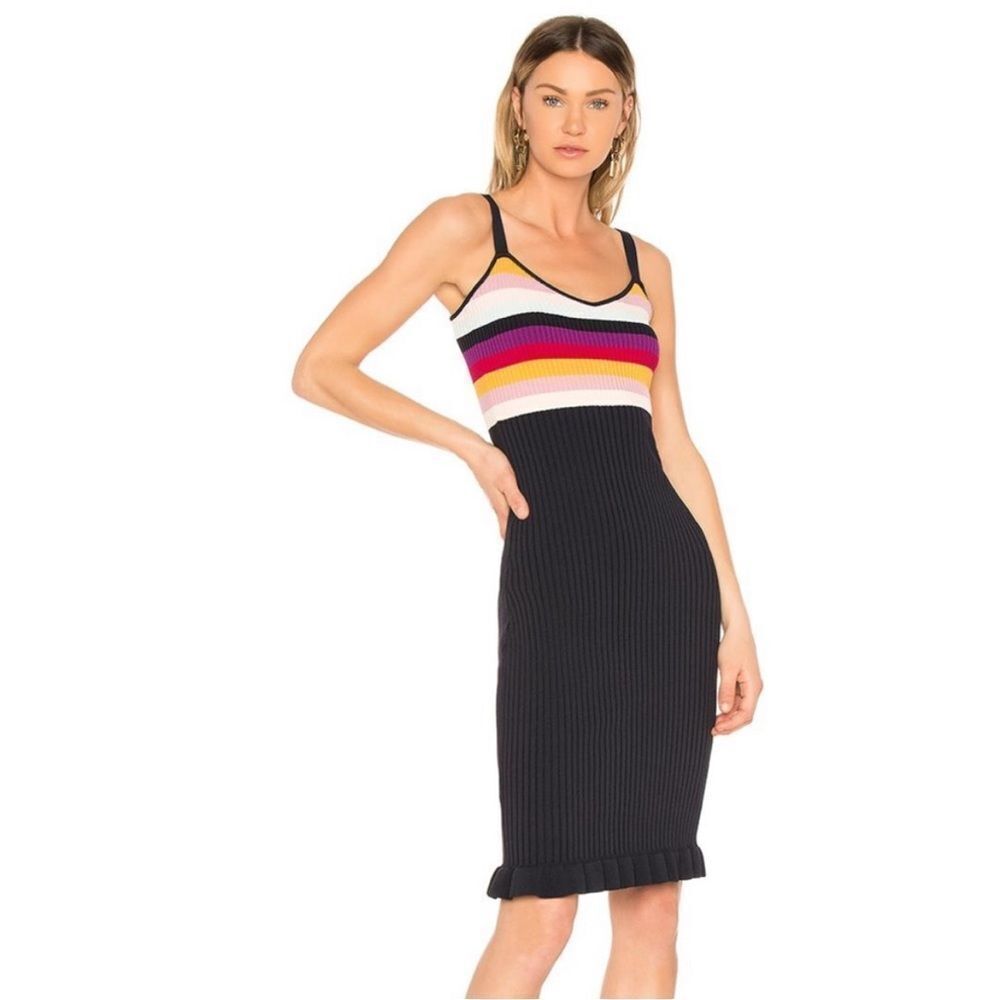 Cinq à Sept Multicolored Ruffled Sheath Midi Dress